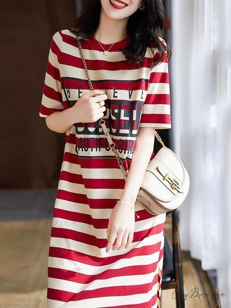Striped Letter Print Long Shirt Dress XL / Red