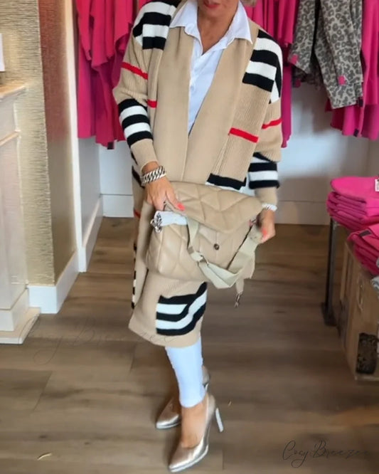 Striped Long Arm Cardigan Brown / S