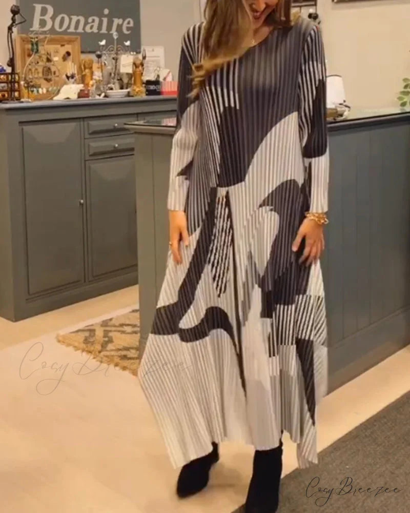 Striped Long Dress with Round Neck