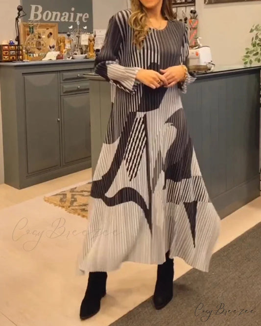 Striped Long Dress with Round Neck Gray / S