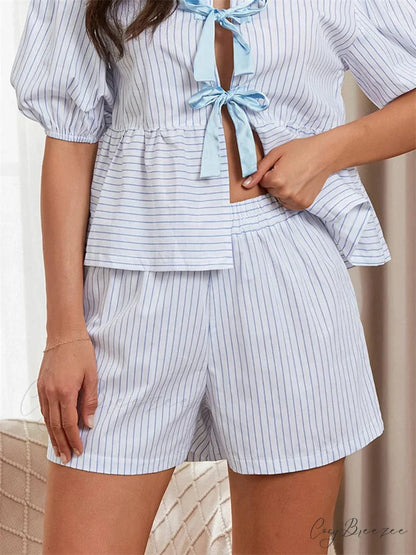 Striped Loose Elastic Waist Shorts short-250223