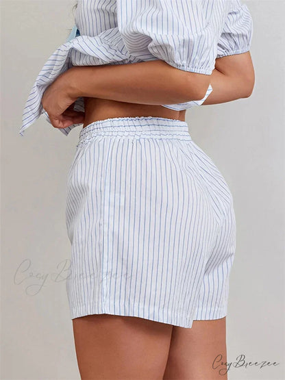 Striped Loose Elastic Waist Shorts short-250223
