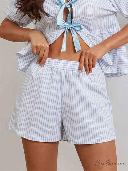 Striped Loose Elastic Waist Shorts white / S short-250223