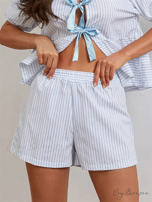 Striped Loose Elastic Waist Shorts white / S short-250223