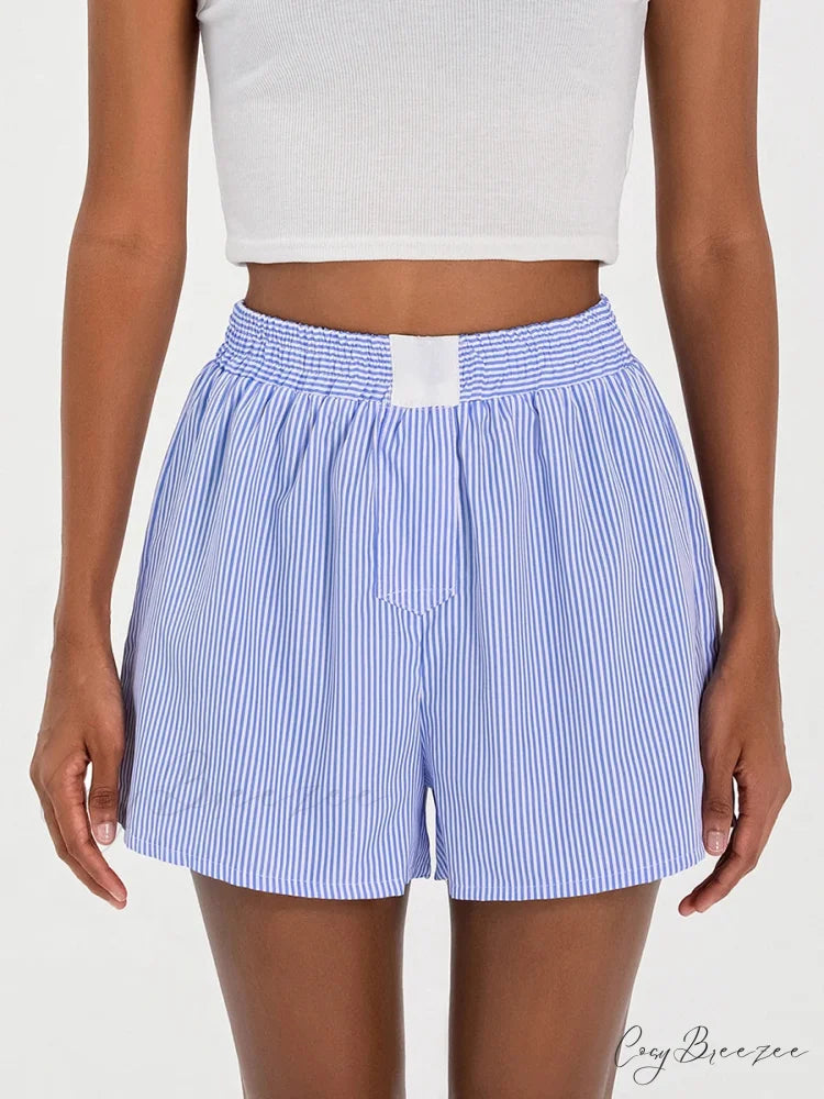 Striped Loose Wide-Leg Lounge Shorts blue / S short-250223
