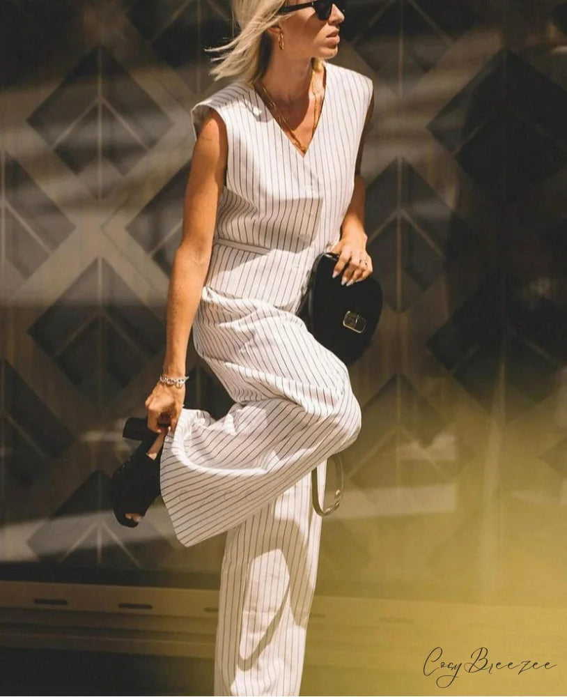 Striped Loose Wide Pants Work Set officetwopieceset-250223