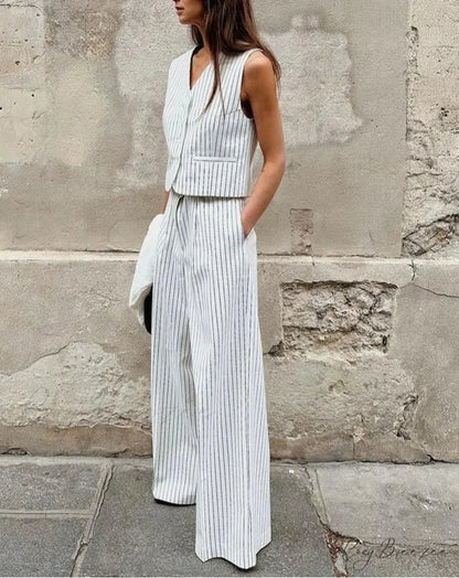 Striped Loose Wide Pants Work Set WHITE / S officetwopieceset-250223