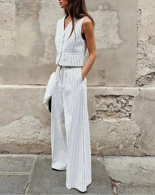 Striped Loose Wide Pants Work Set WHITE / S officetwopieceset-250223