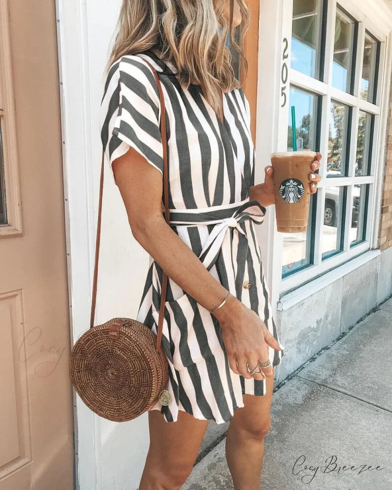 Striped Mini Dress with Short Sleeves S / GRAY