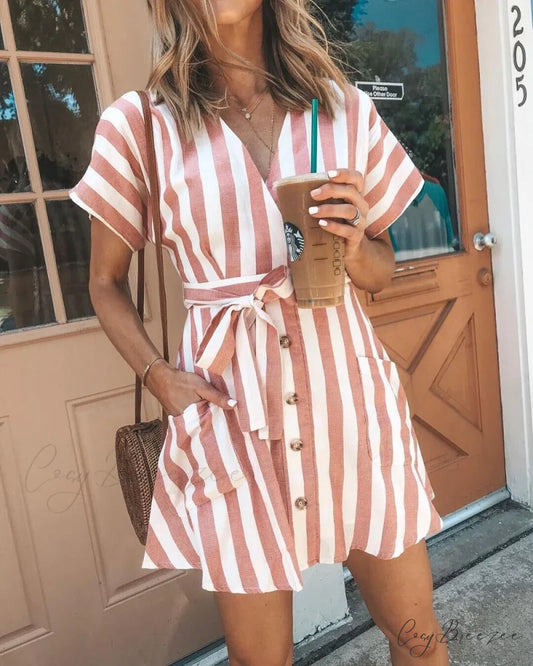 Striped Mini Dress with Short Sleeves S / PINK