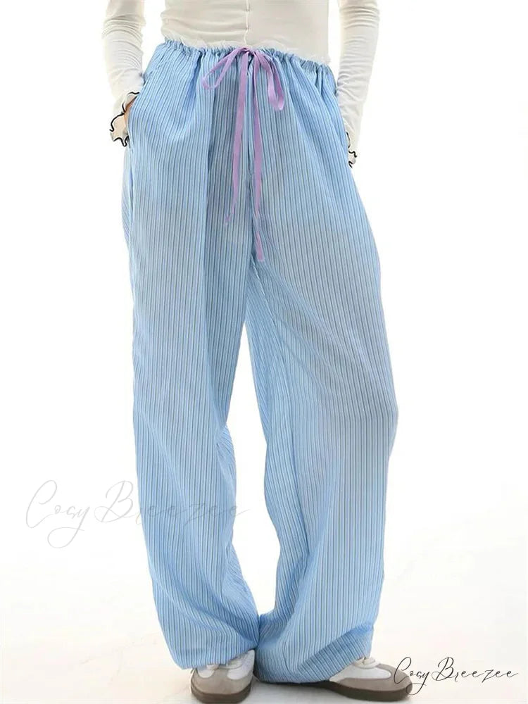 Striped Nightwear Stretchy Waist Lounge Spacious Pant BLUE / S pant-250223