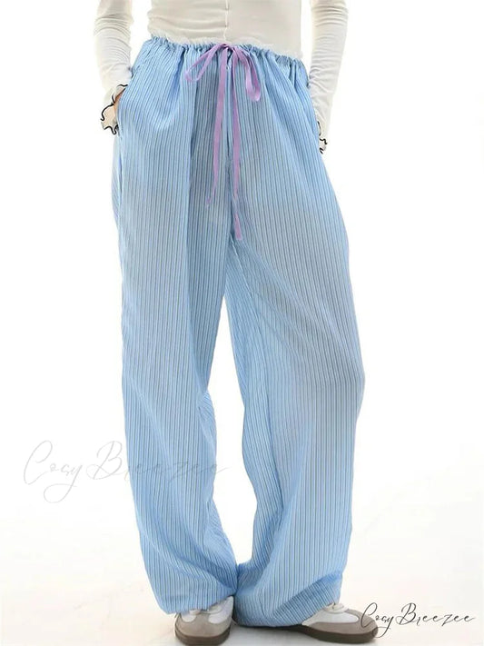 Striped Nightwear Stretchy Waist Lounge Spacious Pant BLUE / S pant-250223