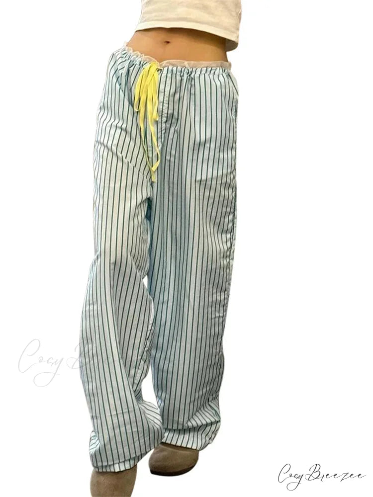 Striped Nightwear Stretchy Waist Lounge Spacious Pant GREEN / S pant-250223