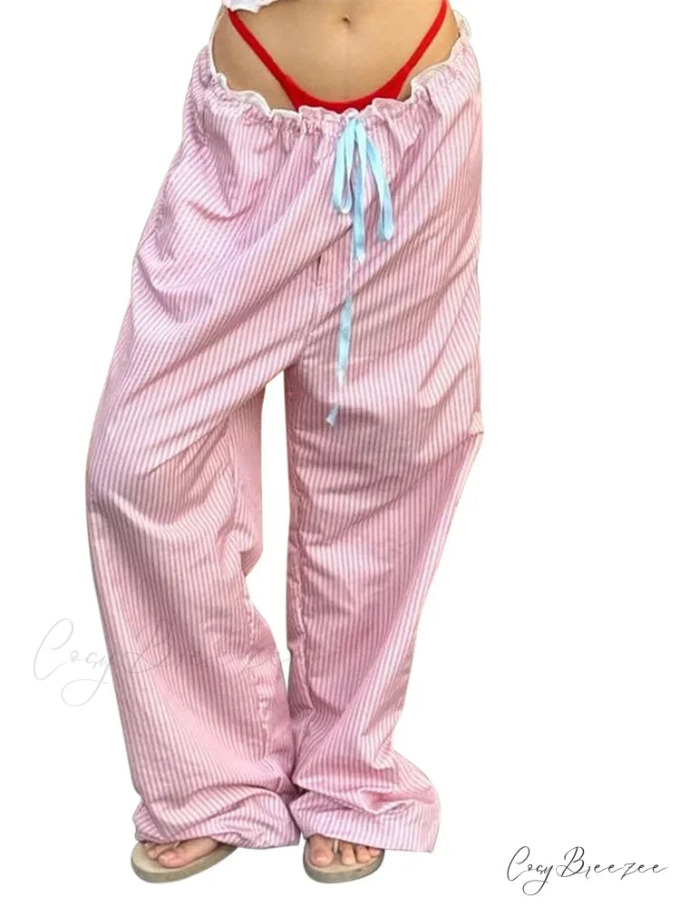 Striped Nightwear Stretchy Waist Lounge Spacious Pant PINK / S pant-250223