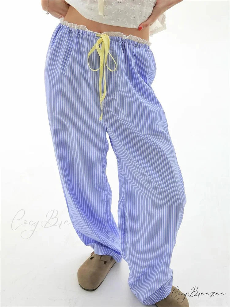 Striped Nightwear Stretchy Waist Lounge Spacious Pant PRUPLE / S pant-250223