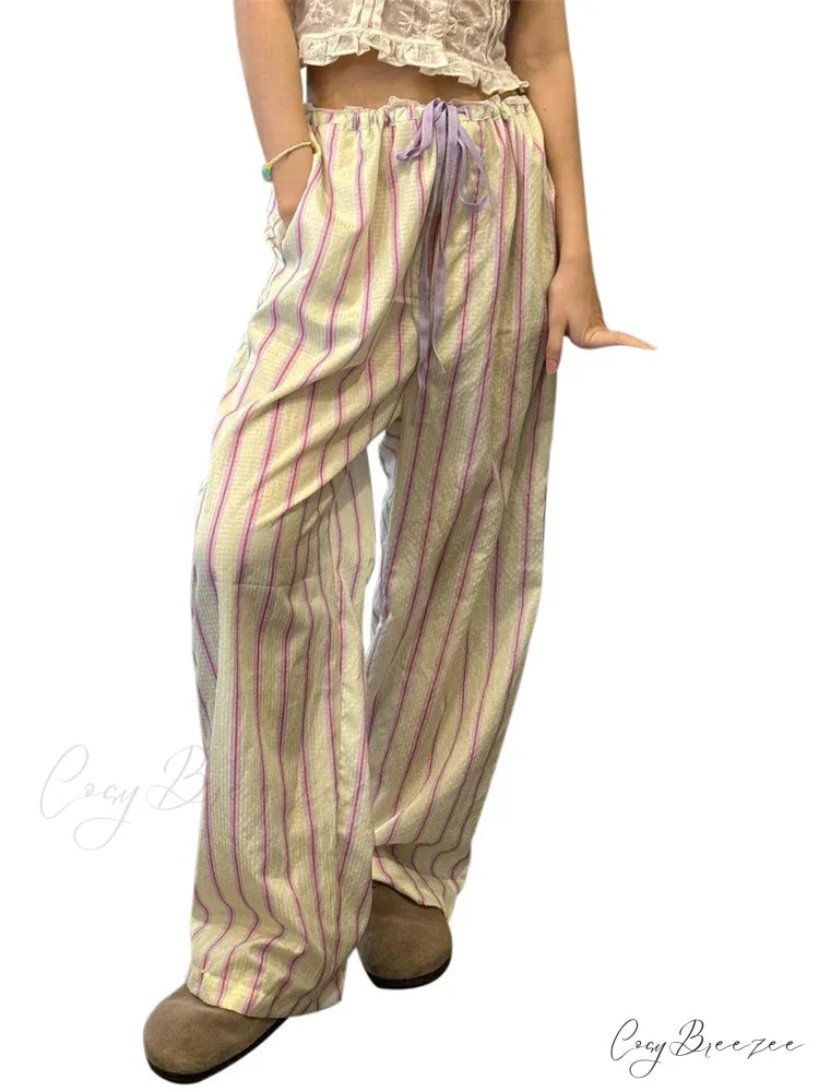 Striped Nightwear Stretchy Waist Lounge Spacious Pant YELLOW / S pant-250223