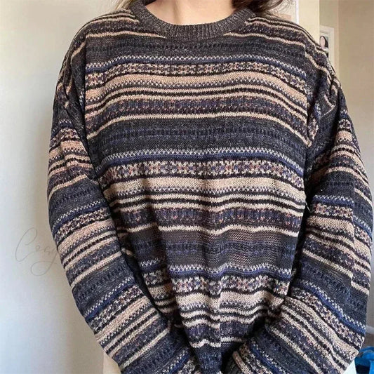 Striped O-neck Baggy Sweater Brown / S swraters-241228