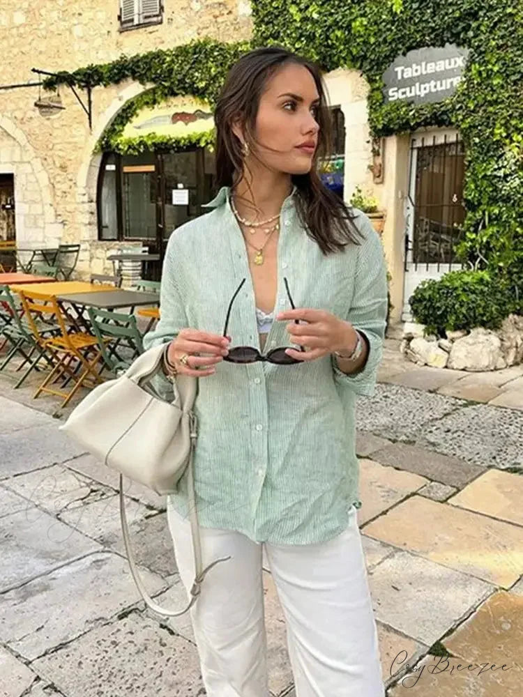 Striped Office Relaxed Shirt Green / S blouse-250223