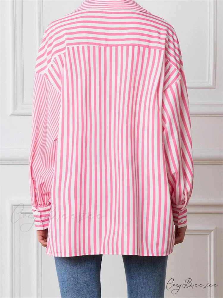 Striped Patchwork Button-Down Shirt blouse-250223