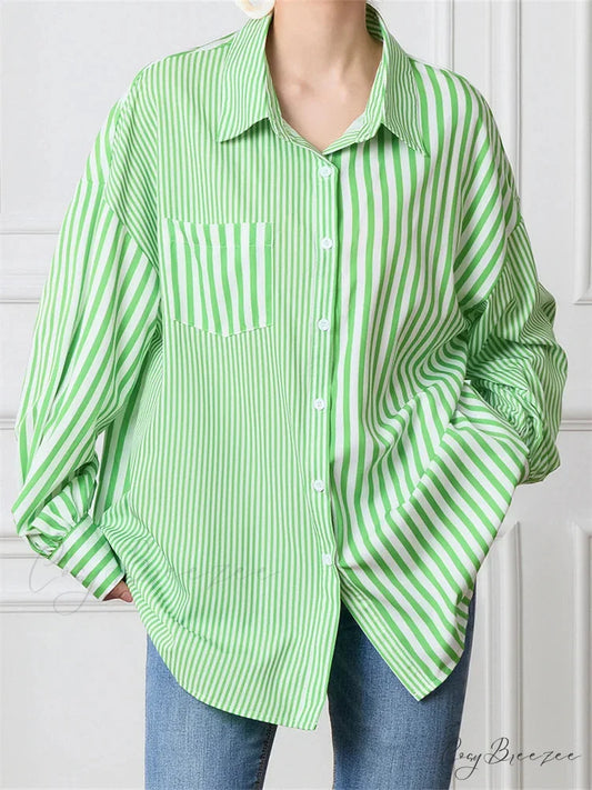 Striped Patchwork Button-Down Shirt green / S blouse-250223