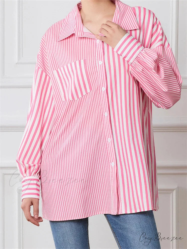 Striped Patchwork Button-Down Shirt pink / S blouse-250223