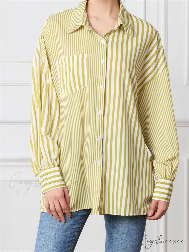 Striped Patchwork Button-Down Shirt yellow / S blouse-250223