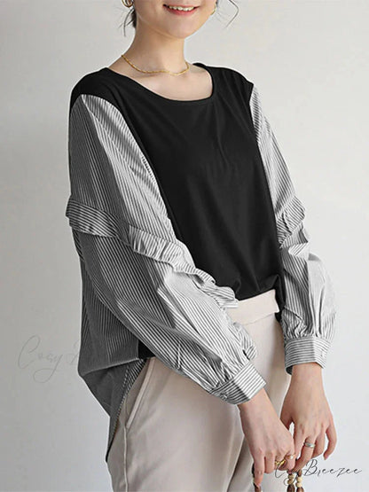 Striped Patchwork Frilled Relaxed Blouse blouse-250126