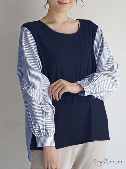 Striped Patchwork Frilled Relaxed Blouse blouse-250126