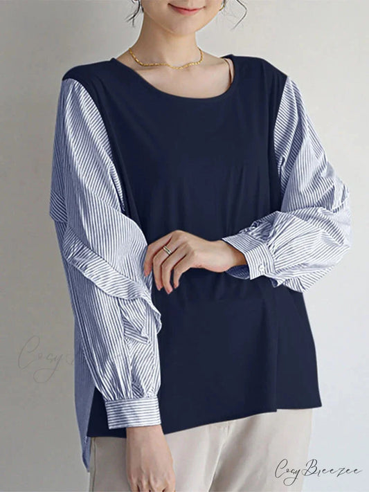 Striped Patchwork Frilled Relaxed Blouse blouse-250126