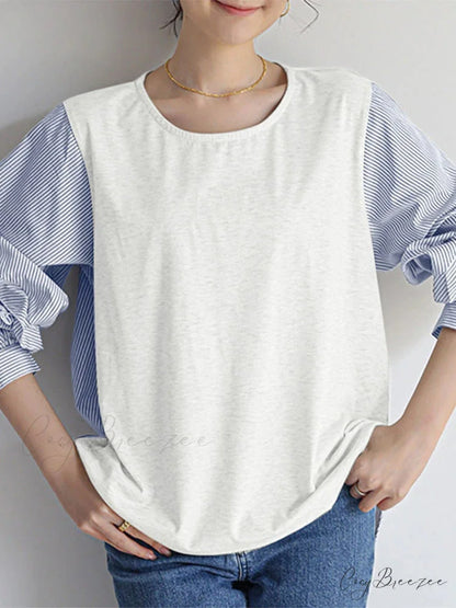 Striped Patchwork Frilled Relaxed Blouse blouse-250126