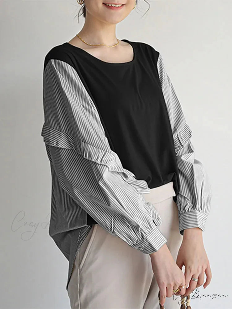 Striped Patchwork Frilled Relaxed Blouse Black / S blouse-250126