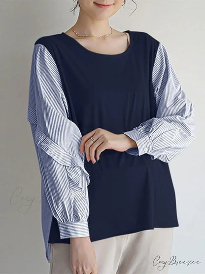 Striped Patchwork Frilled Relaxed Blouse Dark Blue / S blouse-250126