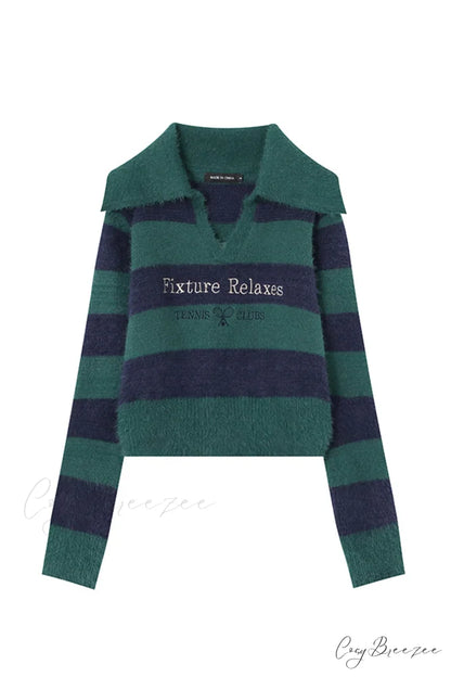 Striped Patchwork Knitted Sweater with Lapel