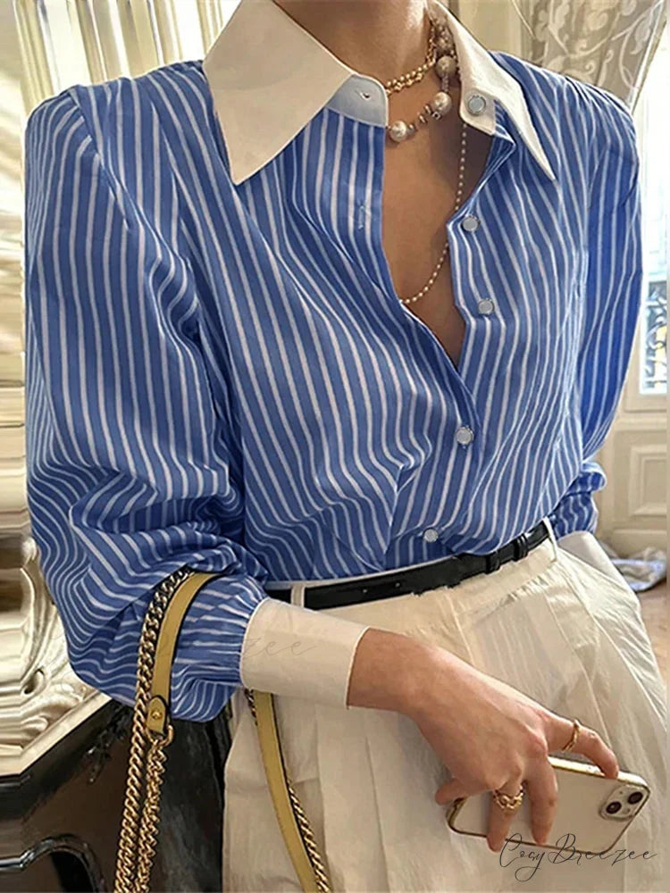 Striped Patchwork Relaxed Long Sleeve Tunic Blouse Dark Blue / S blouse-250126