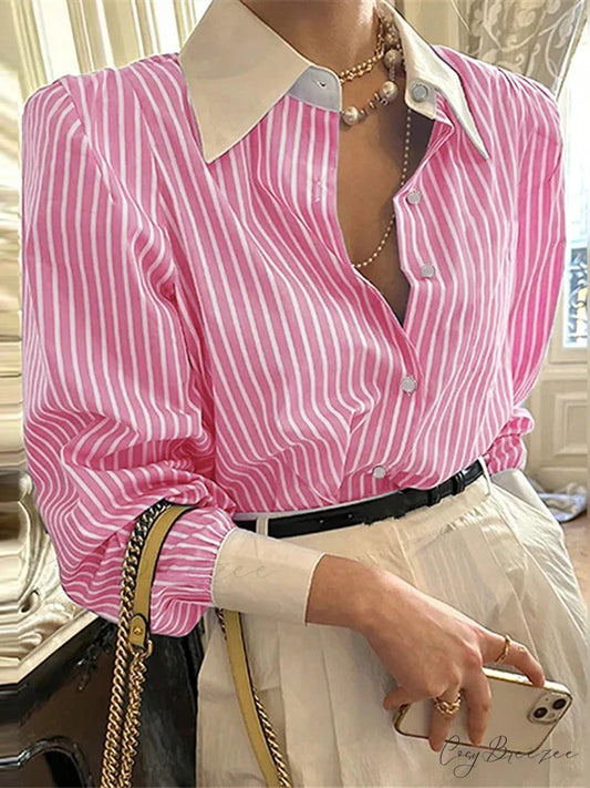 Striped Patchwork Relaxed Long Sleeve Tunic Blouse Pink / S blouse-250126