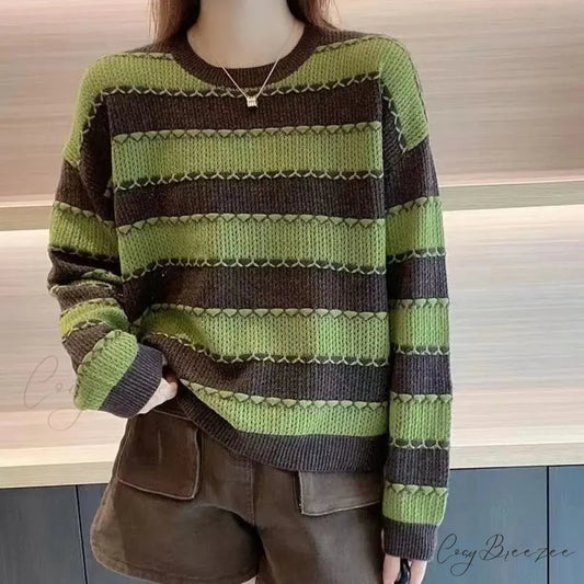 Striped Patchwork Round Neck Korean All-match Sweater swraters-241228