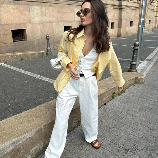 Striped Polo Collar Extended Sleeve Shirt Yellow / XS blouse-250223
