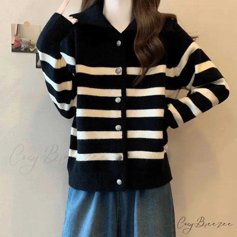 Striped Polo Collar Slimming Cardigan Black / S cardigans-241228