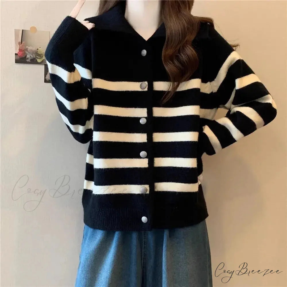 Striped Polo Collar Slimming Cardigan cardigans-241228