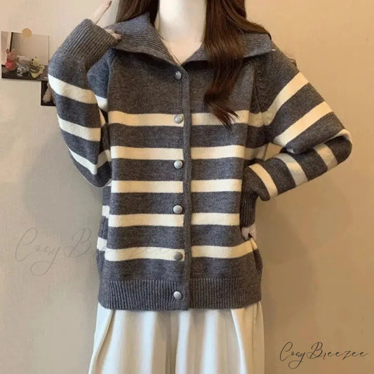 Striped Polo Collar Slimming Cardigan GRAY / S cardigans-241228