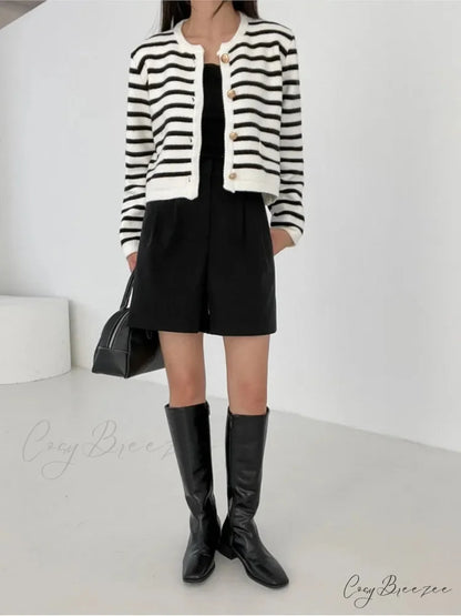 Striped Print Cropped Loose Knit Knit Cardigan cardiagn-250126