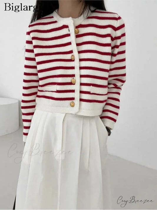 Striped Print Cropped Loose Knit Knit Cardigan cardiagn-250126