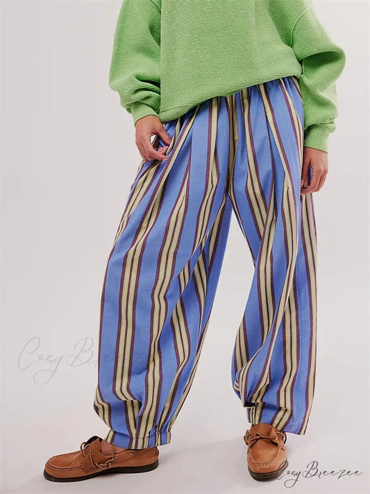 Striped Print Relaxed Stretch Waist Pant PRUPLE / S pant-250223
