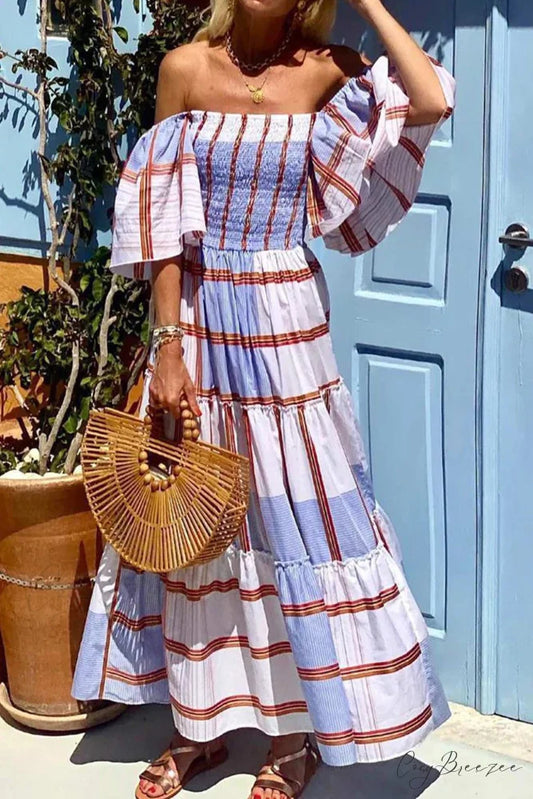 Striped Print Ruffle Sleeve Tiered Dress Blue / S