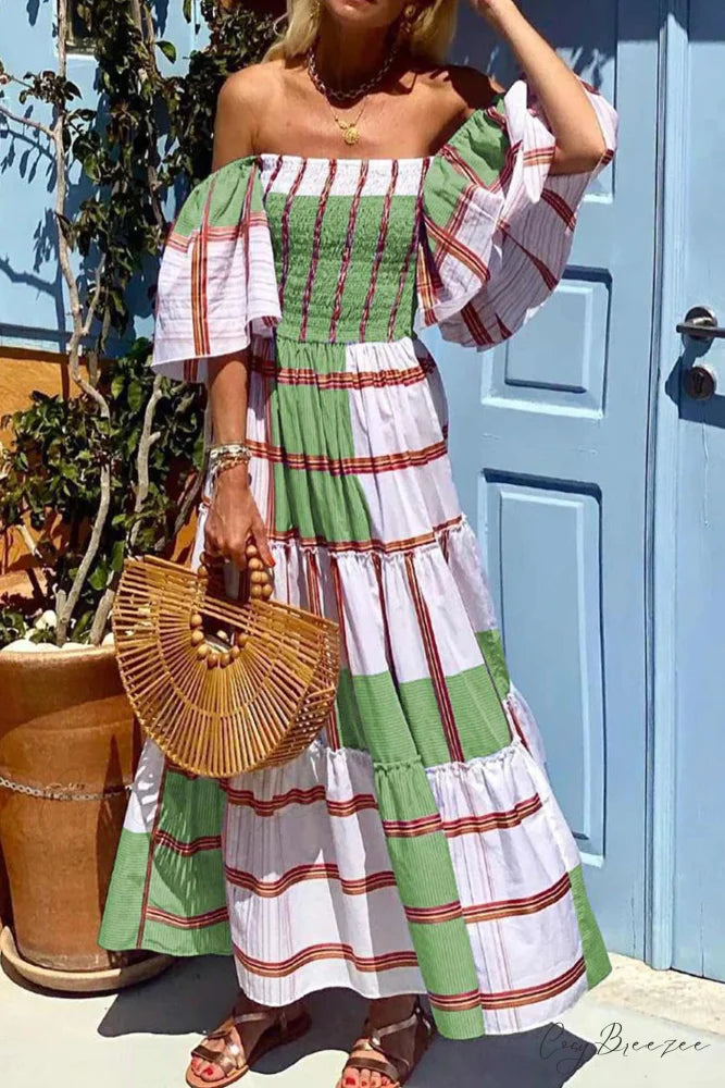 Striped Print Ruffle Sleeve Tiered Dress Green / M
