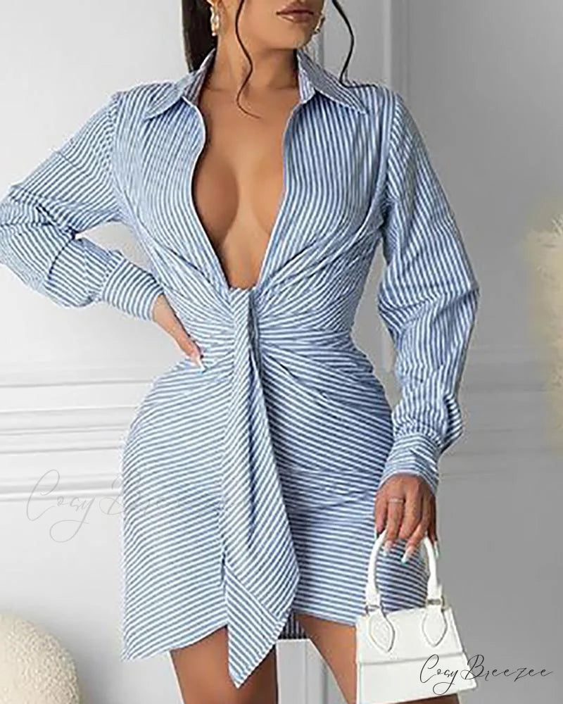 Striped Print Tie Front Shirt Dress