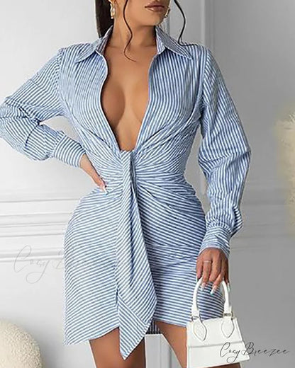 Striped Print Tie Front Shirt Dress