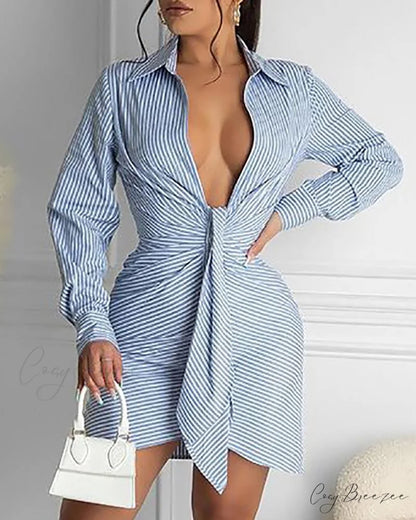 Striped Print Tie Front Shirt Dress