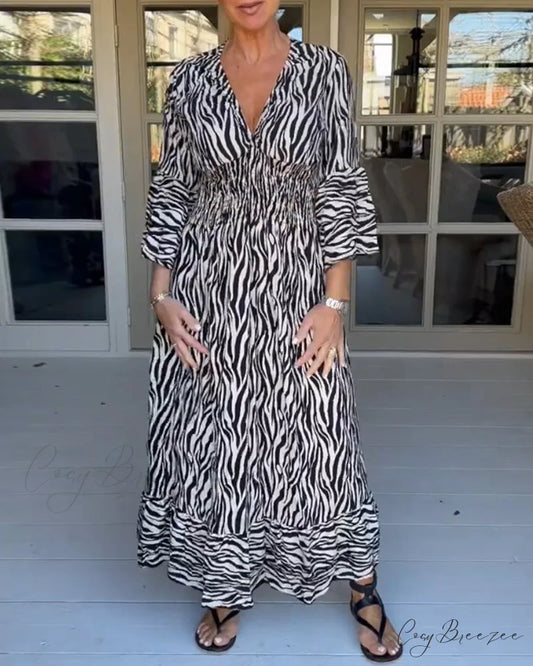 Striped Print V-neck Dress Black / S