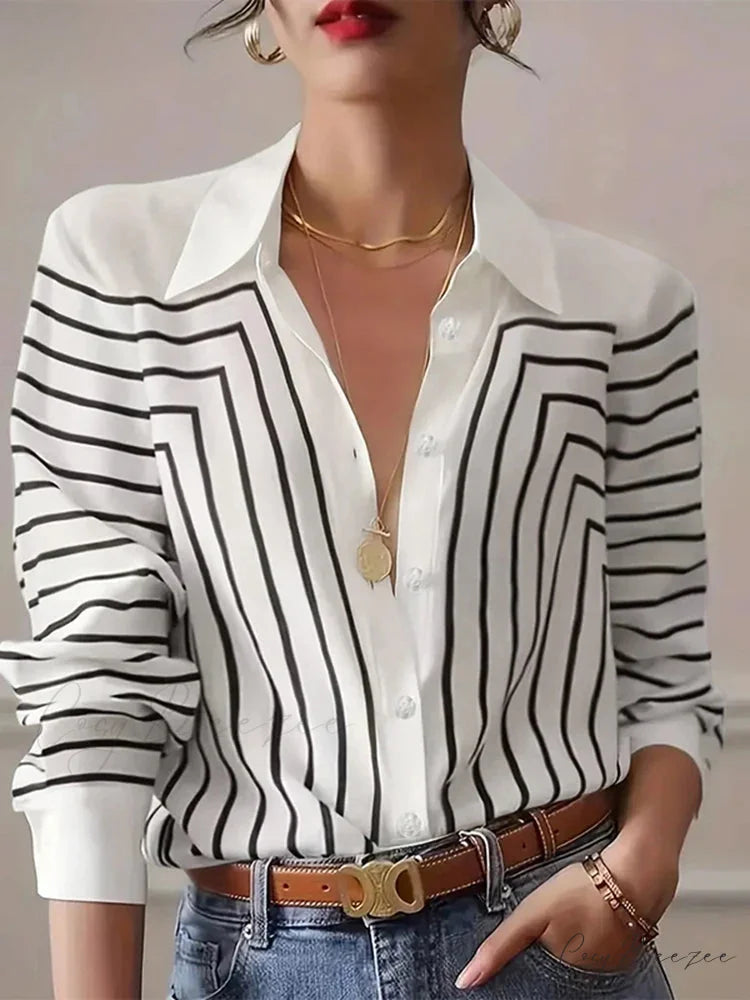 Striped Printed Crew-neck Office-ready Blouse Black / S blouse-250126